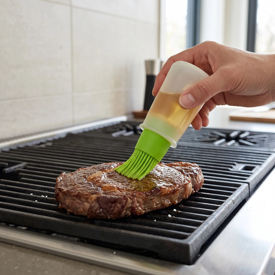 Silicone dispensing pastry brush for baking & grilling. Ideal basting brush for oil, marinades, easy clean.