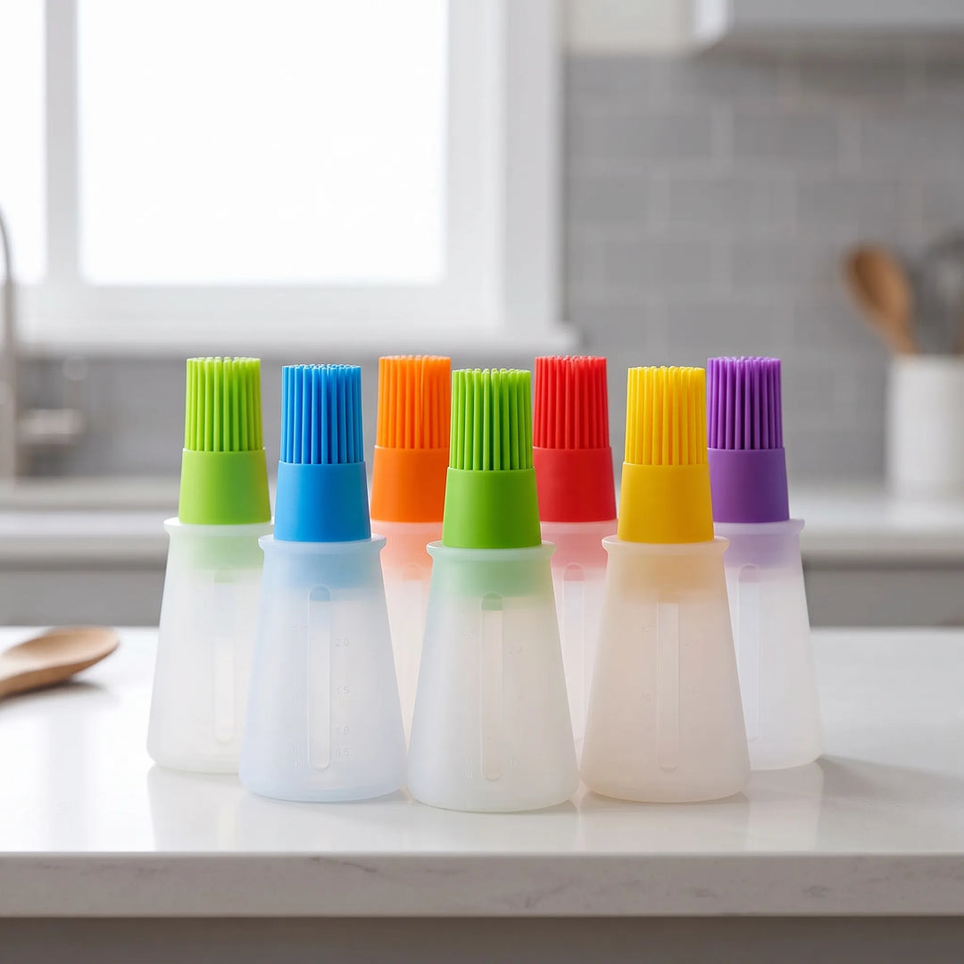 Heat-resistant silicone basting brush with dispenser. Perfect kitchen tool for BBQ grilling, roasting, and pastry baking.