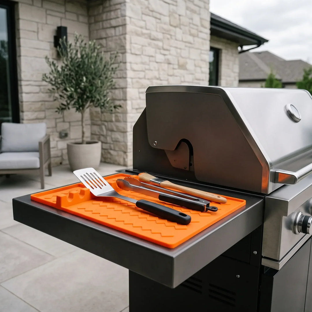 Silicone grill utensil rest pad for BBQ tools. Keeps spatulas & tongs clean & organized while outdoor cooking.