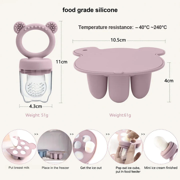 Baby silicone mold for DIY ice cream pops. Ideal for healthy frozen snacks & weaning treats. BPA-free.