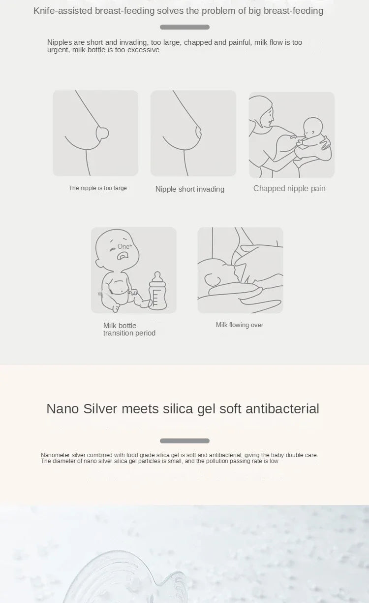Silicone nipple shields, shown with measurements, for accurate selection & optimal nursing comfort.