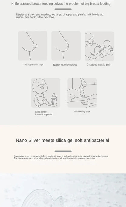 Silicone nipple shields, shown with measurements, for accurate selection & optimal nursing comfort.