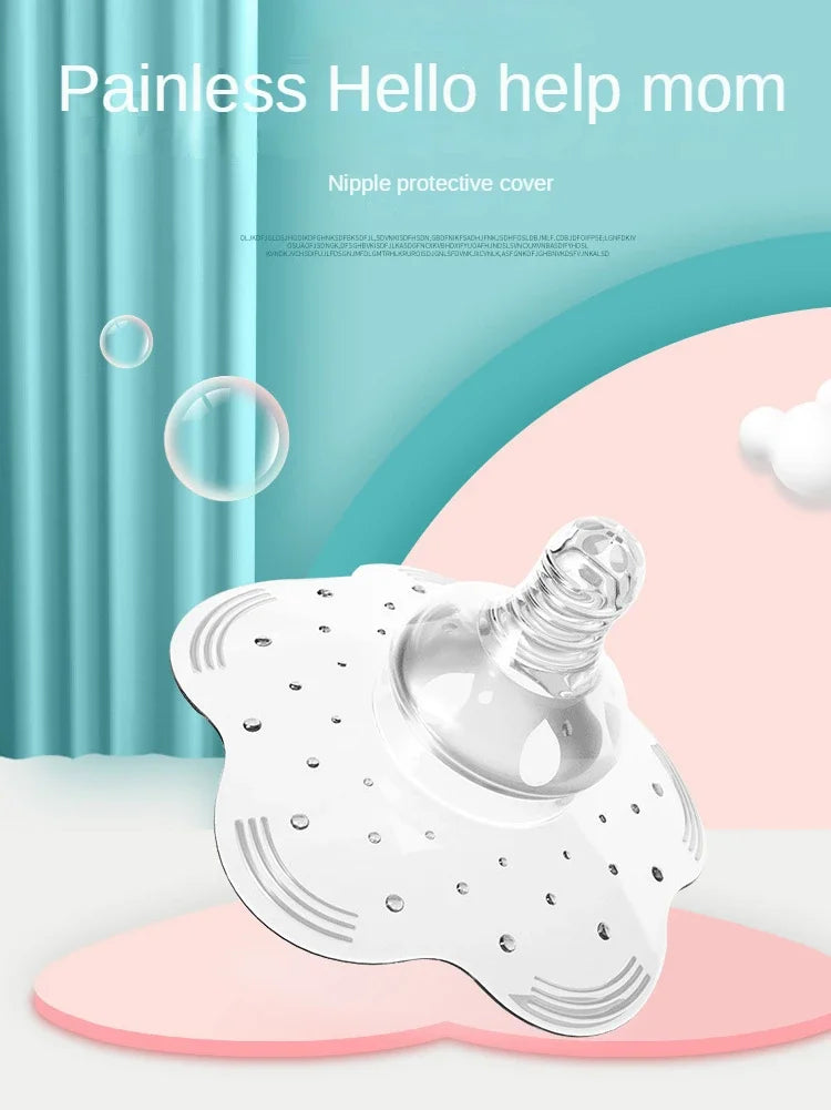 Mother holding a BPA-free silicone nipple shield, demonstrating its use for pain-free breastfeeding.