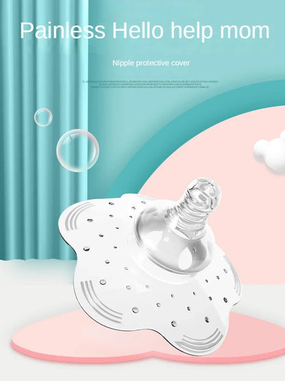Mother holding a BPA-free silicone nipple shield, demonstrating its use for pain-free breastfeeding.