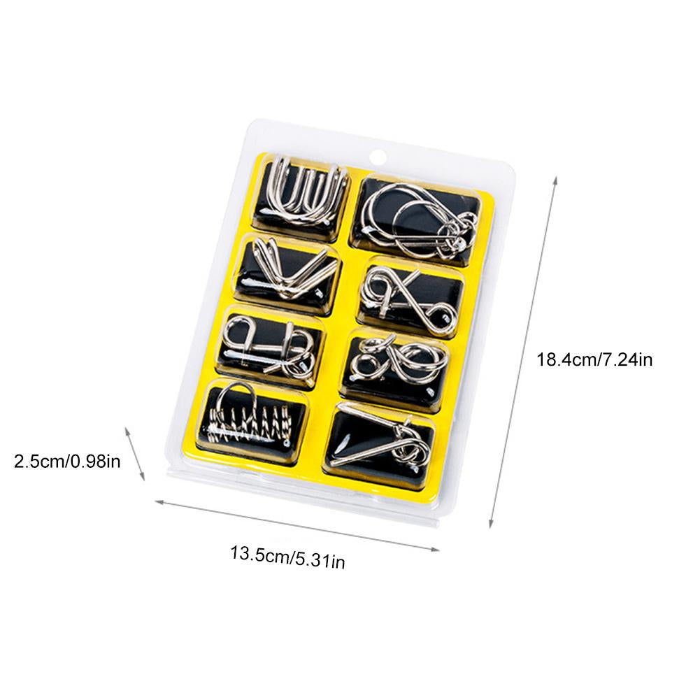Various metal brain teaser puzzle rings meticulously arranged, a gift for cognitive skill