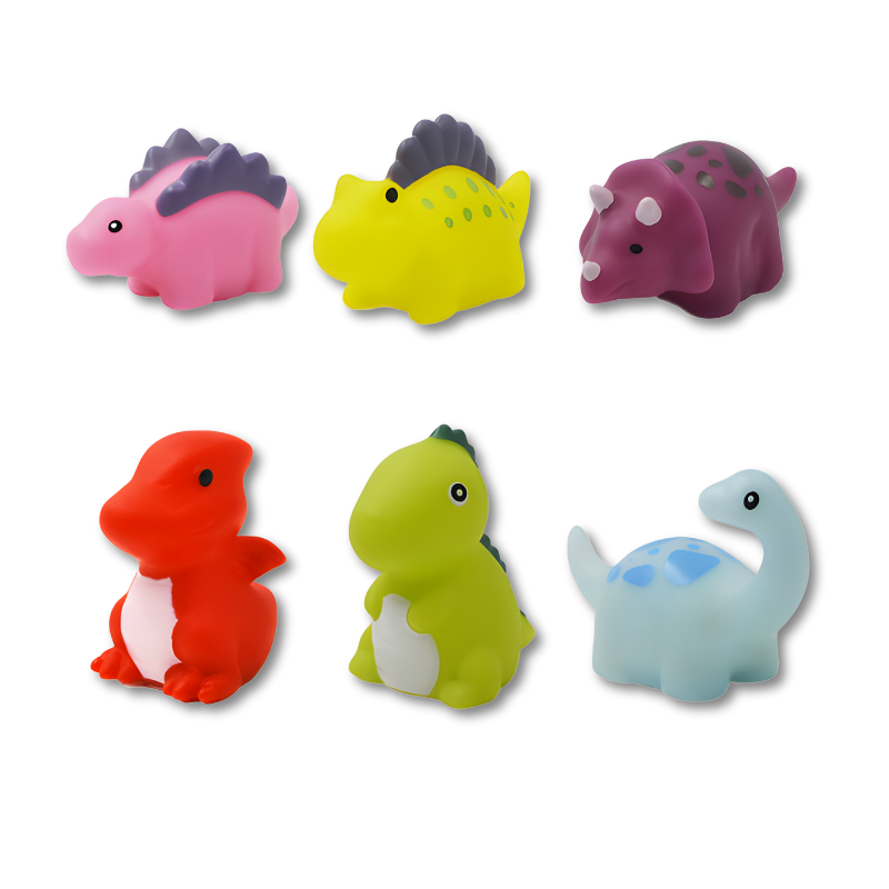 Assorted light-up dinosaur toys in a bathtub, perfect for engaging kids during bath time