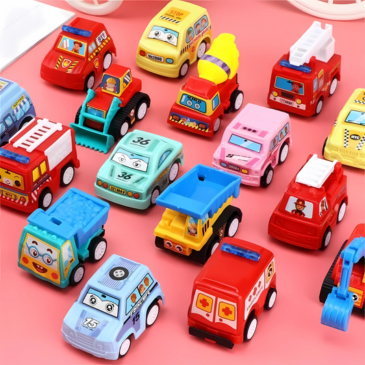 Six colorful pullback toy cars for toddlers, promoting imaginative play and motor skills development.