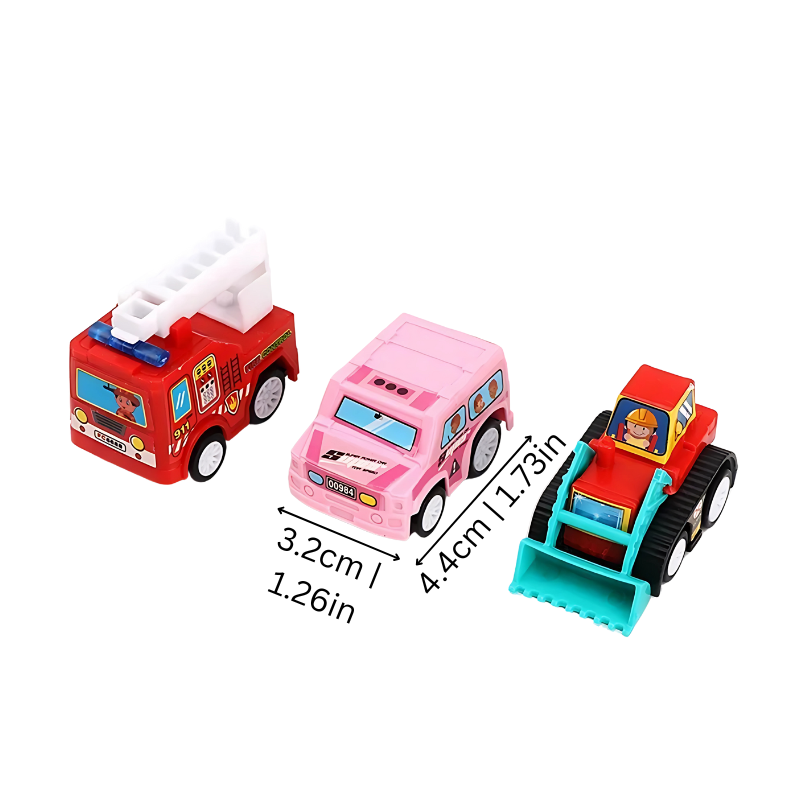 Durable 6-in-1 playset of pullback toy cars, perfect for active kids' indoor and outdoor adventures.