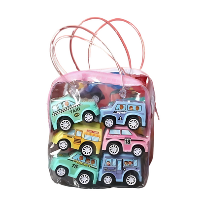 Assorted kids' pullback toy cars in vibrant colors, ideal birthday gift for boys and girls.