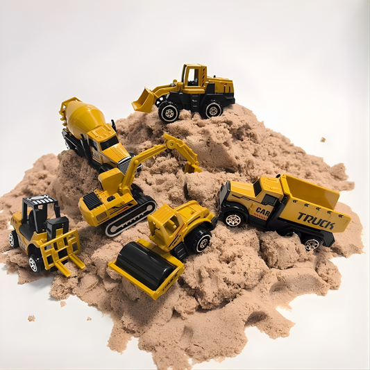 Six-pack construction vehicle toy set for kids, including a dump truck, excavator, and bulldozer, promoting imaginative play.