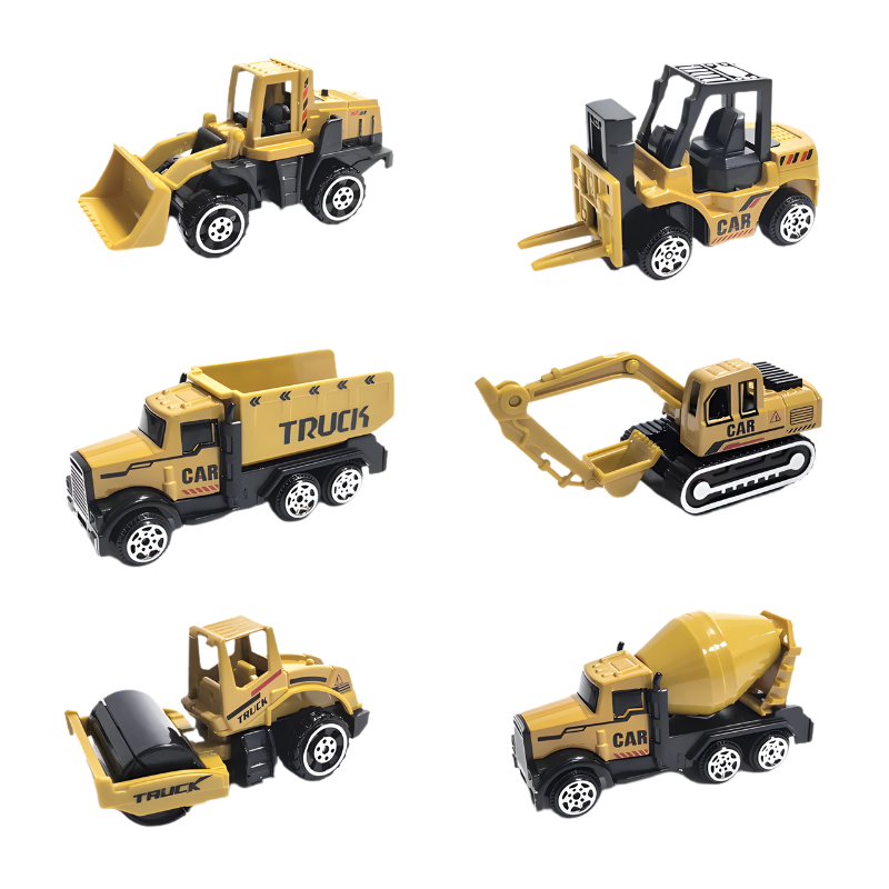 Assorted construction vehicle toys for boys and girls, 6-piece set ideal for sandbox or indoor imaginative fun.