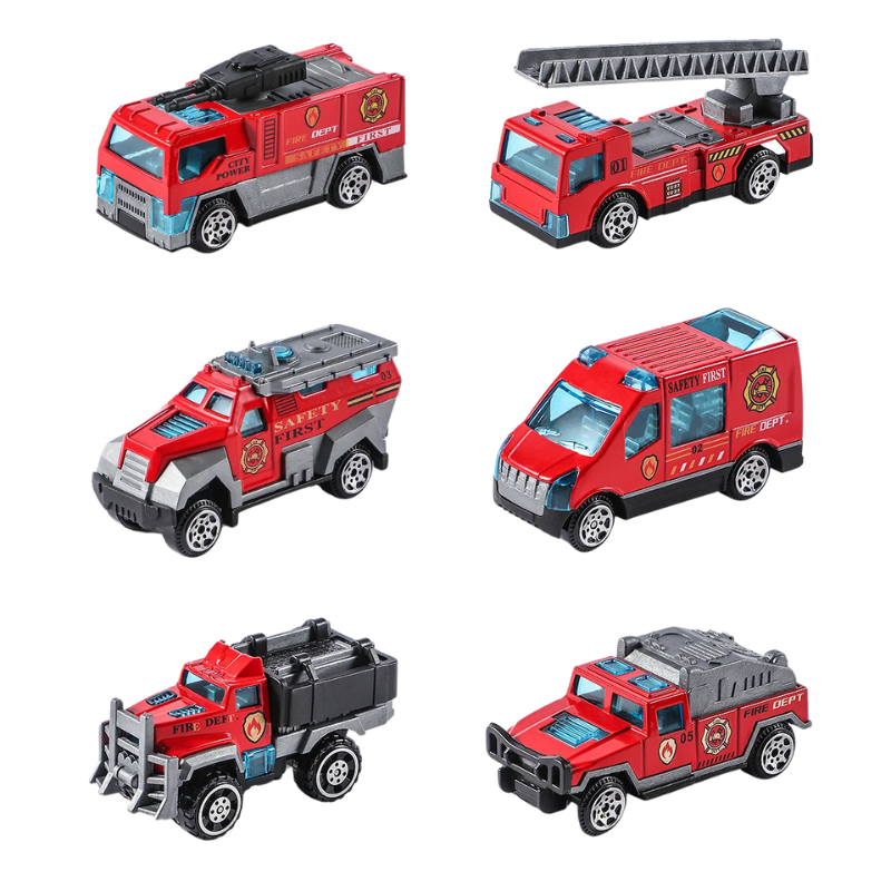 Close-up of Kids' Rescue Vehicle Playset; a set of six colorful toy rescue vehicles for young children, fosters imagination
