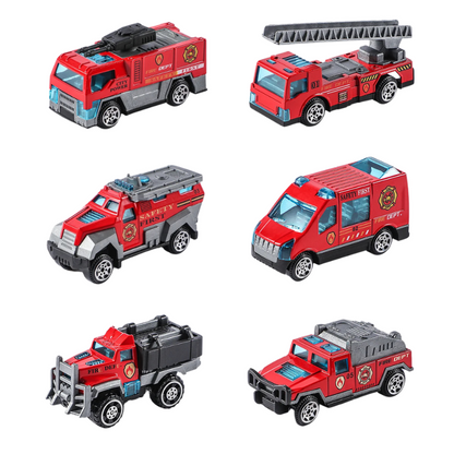 Close-up of Kids' Rescue Vehicle Playset; a set of six colorful toy rescue vehicles for young children, fosters imagination