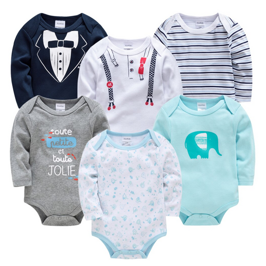 Six-pack of baby boy long sleeve onesies with assorted cartoon prints, soft cotton infant bodysuits