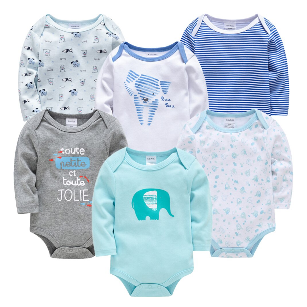 Close-up of baby boy cartoon print long sleeve onesie, blue with animal graphic for infants