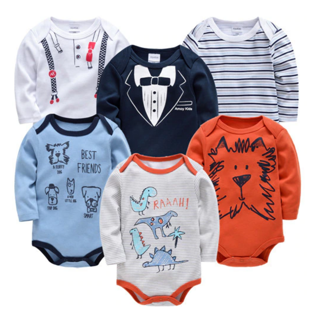 Bundle of 6 long sleeve baby boy bodysuits, various cartoon designs, perfect baby shower gift