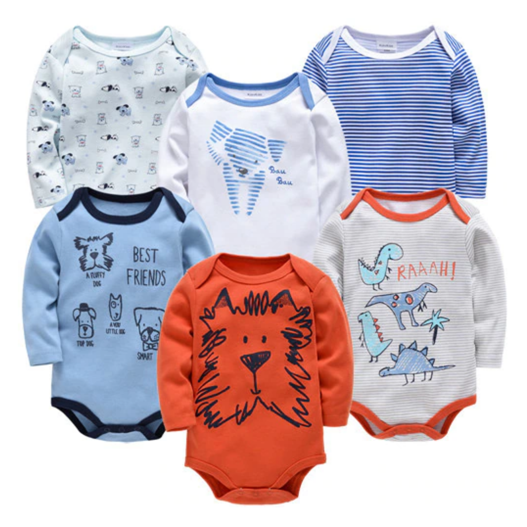 Soft cotton baby boy onesie with long sleeves and colorful cartoon pattern, comfortable infant wear