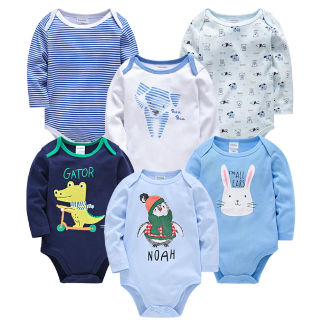 Six multi-colored long sleeve baby boy onesies featuring playful cartoon animal prints