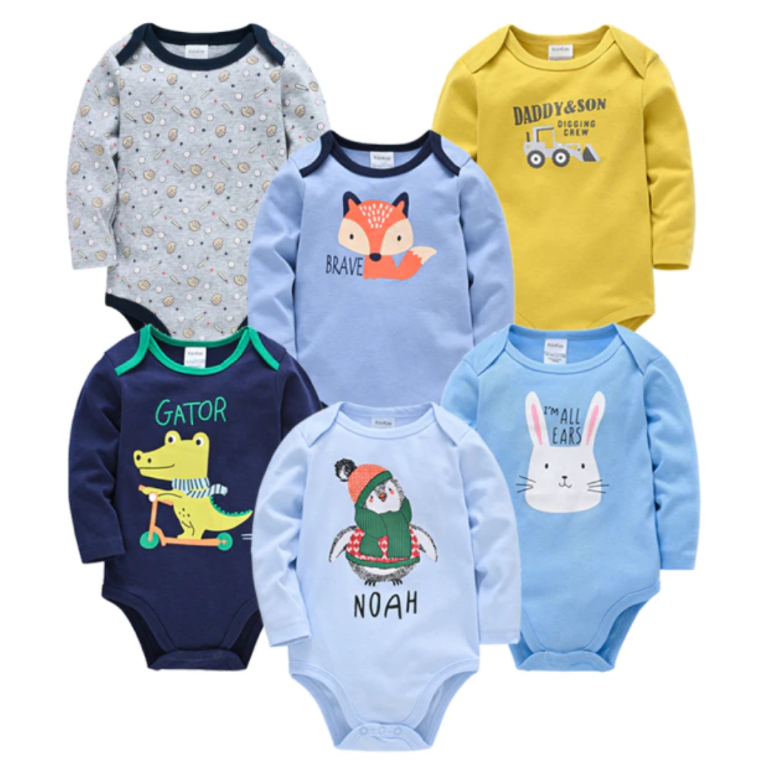 Infant baby boy long sleeve onesie, gray with a smiling cartoon character, cozy cotton bodysuit