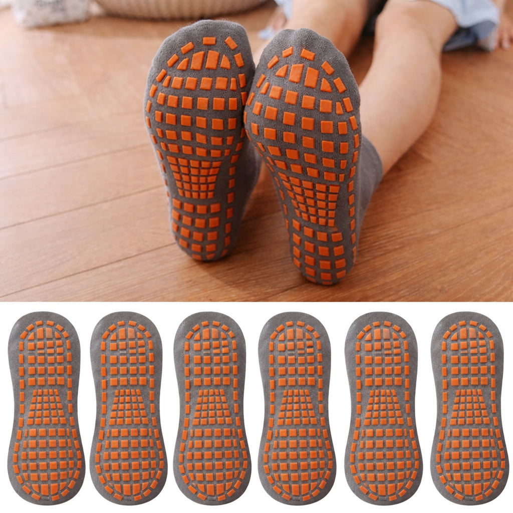 Assortment of vibrant anti-slip socks, perfect for family use on trampolines and other indoor surfaces.