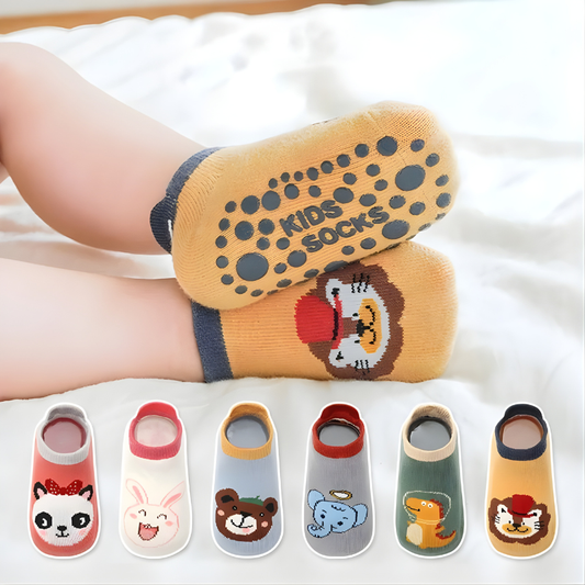 Six pairs of colorful non-slip cotton baby and toddler socks with anti-skid grips.