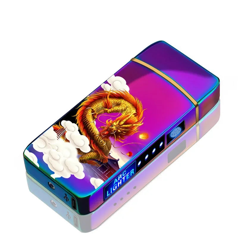 Eco-conscious plasma lighter, USB rechargeable flameless torch. Windproof metal design.