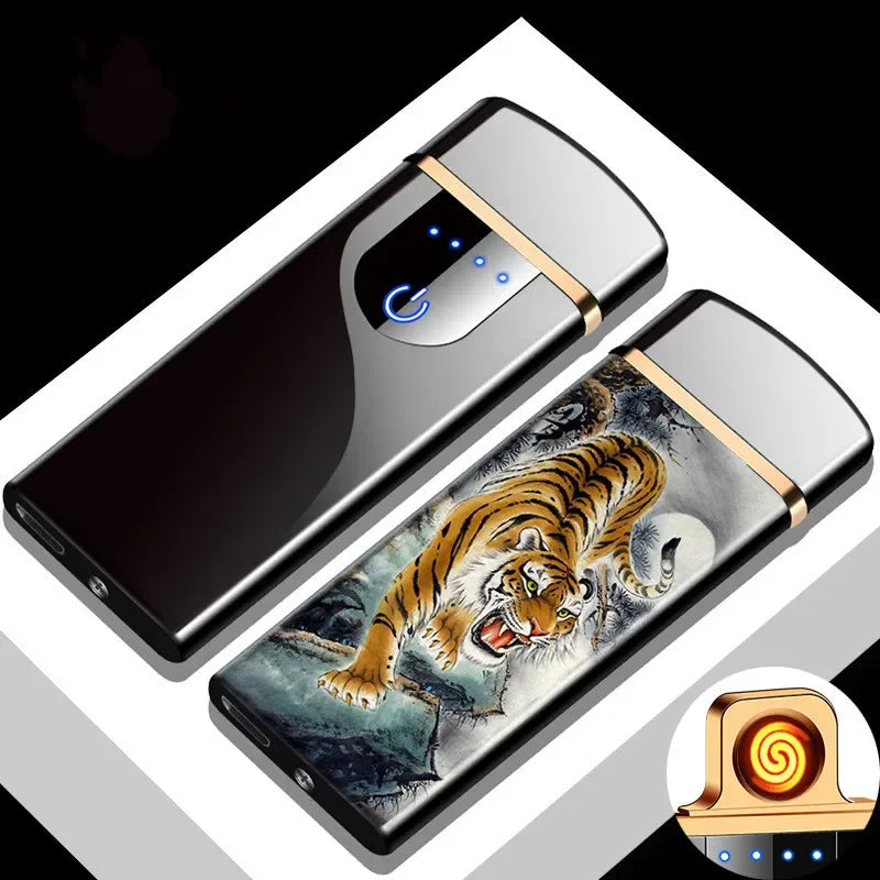 Stylish chrome plasma arc lighter, windproof & USB rechargeable. Flameless electric gadget.