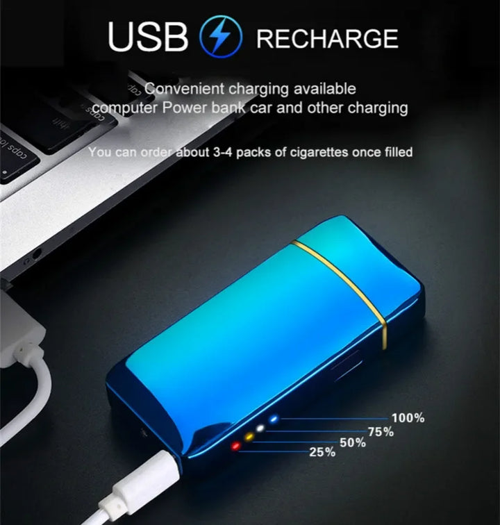 Stylish metal plasma arc lighter, windproof flameless design. USB rechargeable gadget.