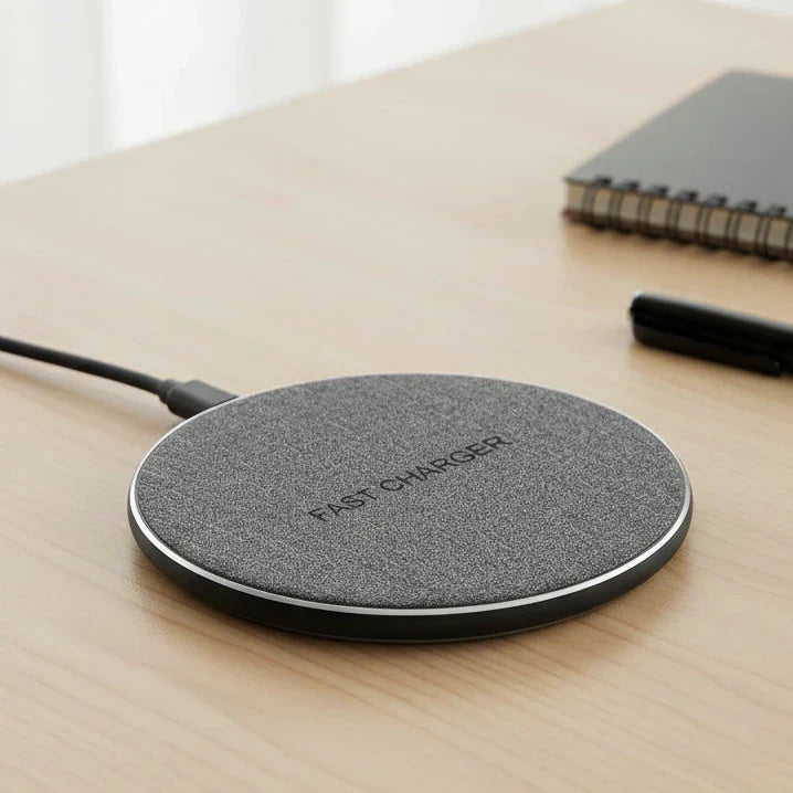Sleek black universal fast wireless charging pad for multiple Qi-compatible devices, decluttering your desk.