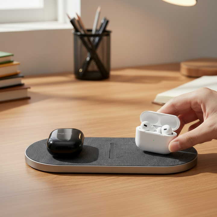 Fast wireless charging pad powering a smartphone, demonstrating its multi-device capability and sleek design.