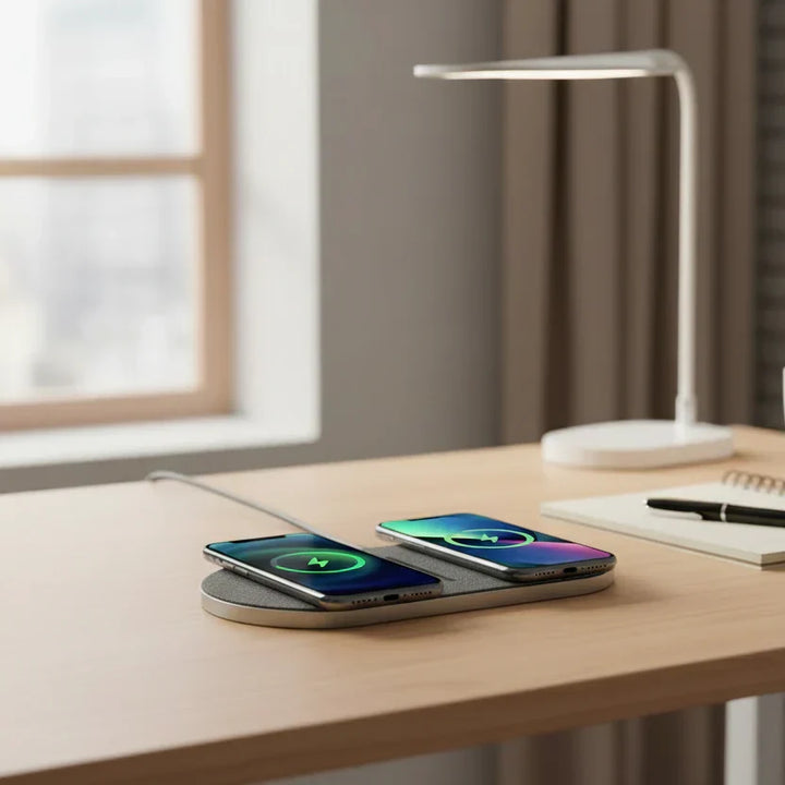 Multi-device fast wireless charging pad simultaneously charging a smartphone and wireless earbuds, sleek tech accessory.