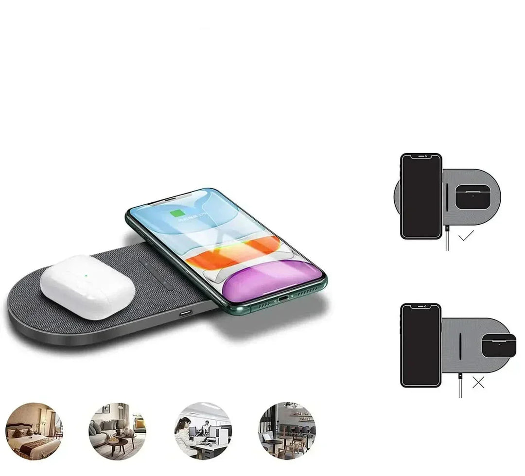 Modern fast wireless charging pad organizing a desk, powering a phone & AirPods, a must-have tech gadget.