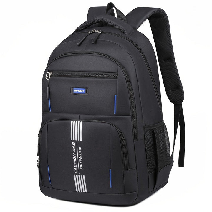 Sleek black men's travel backpack, showing its clean lines and large storage capacity.