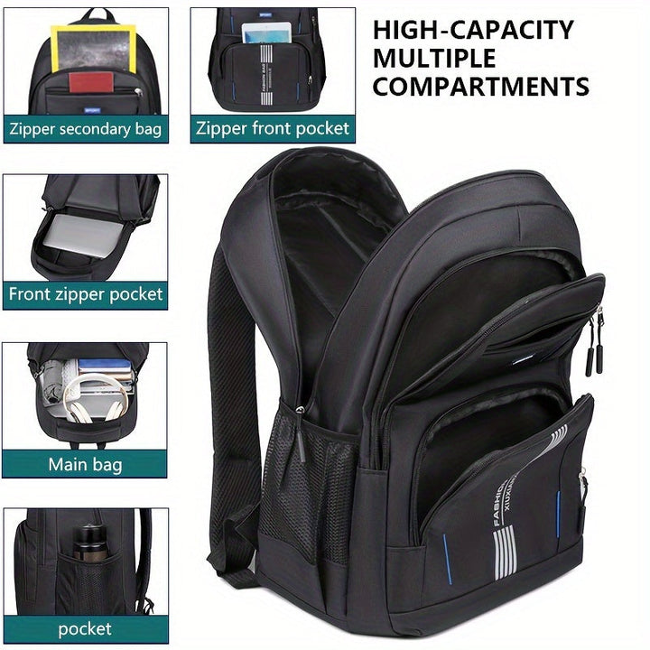 Organized men's travel backpack, featuring multiple compartments for easy access.