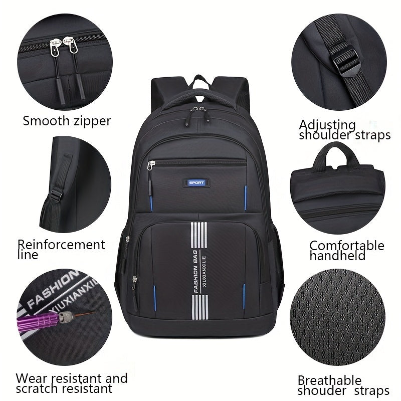 Durable men's adventure backpack with secure closures, perfect for outdoor travel.