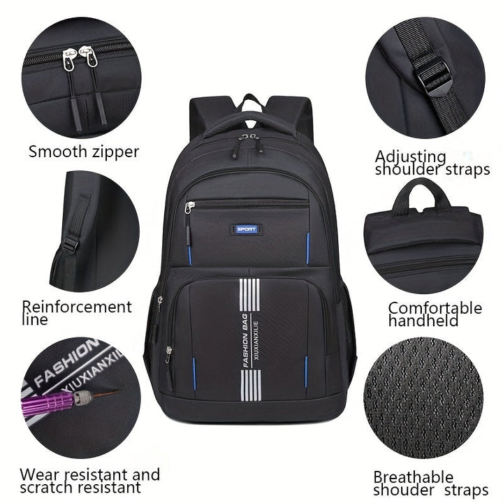 Durable men's adventure backpack with secure closures, perfect for outdoor travel.