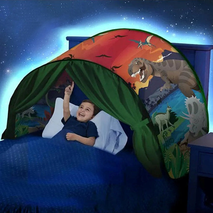 Kids' SleepyStar play tent for imaginative adventures. Transforms any bed into a fun unicorn, dinosaur, or universe theme.