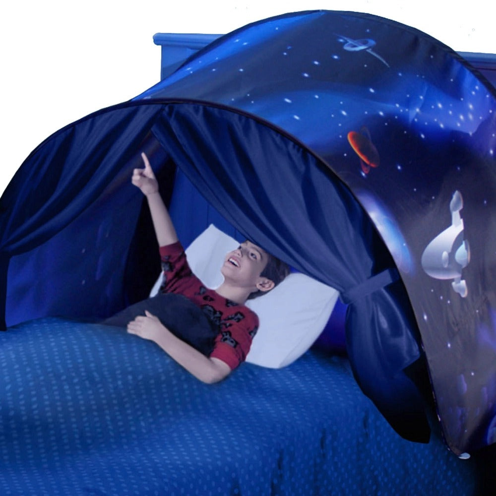 SleepyStar bed tent for kids' bedrooms. Choose from unicorn, dinosaur, universe, or winter wonderland themes. Cozy decor.