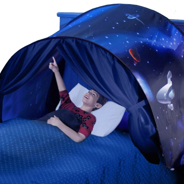 SleepyStar bed tent for kids' bedrooms. Choose from unicorn, dinosaur, universe, or winter wonderland themes. Cozy decor.
