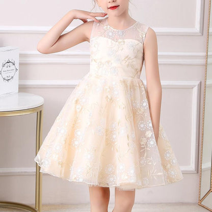 Sleeveless girls' floral embroidered lace princess party dress for special occasions.