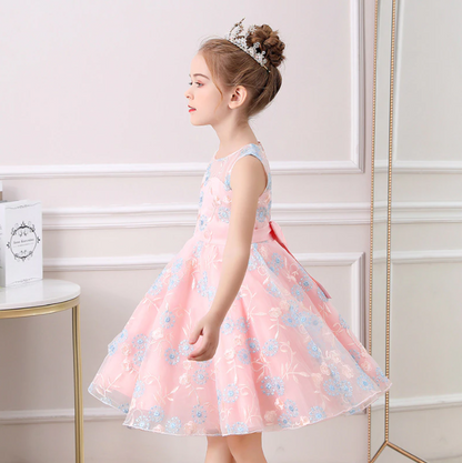 Kids' special occasion tulle dress with exquisite floral embroidery and sleeveless design.