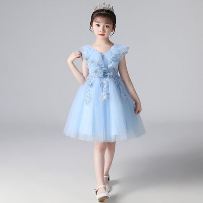 Sleeveless floral embroidered lace dress, ideal for a little girl's party.