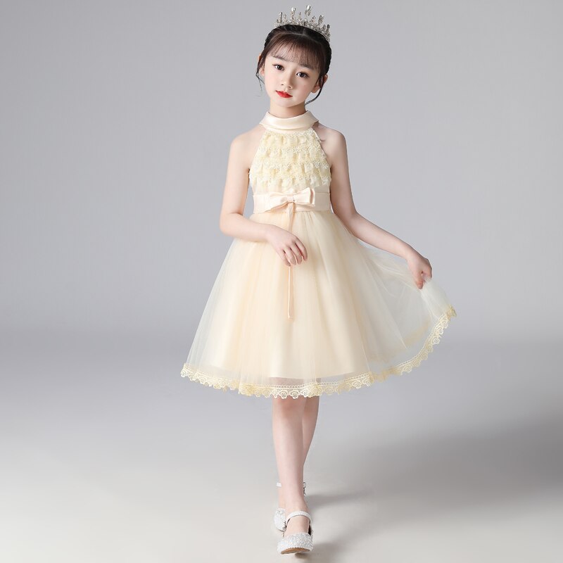 Lovely children's sleeveless tulle dress, featuring elegant floral embroidery and lace.
