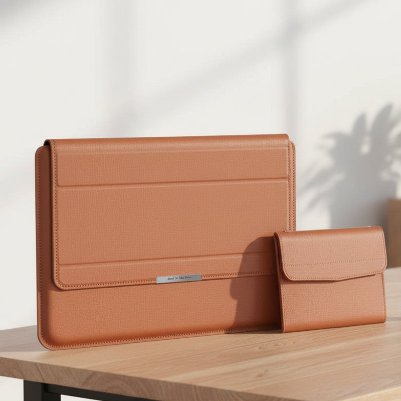 Slim laptop sleeve with integrated ergonomic stand & magnetic closure for ultimate device protection.