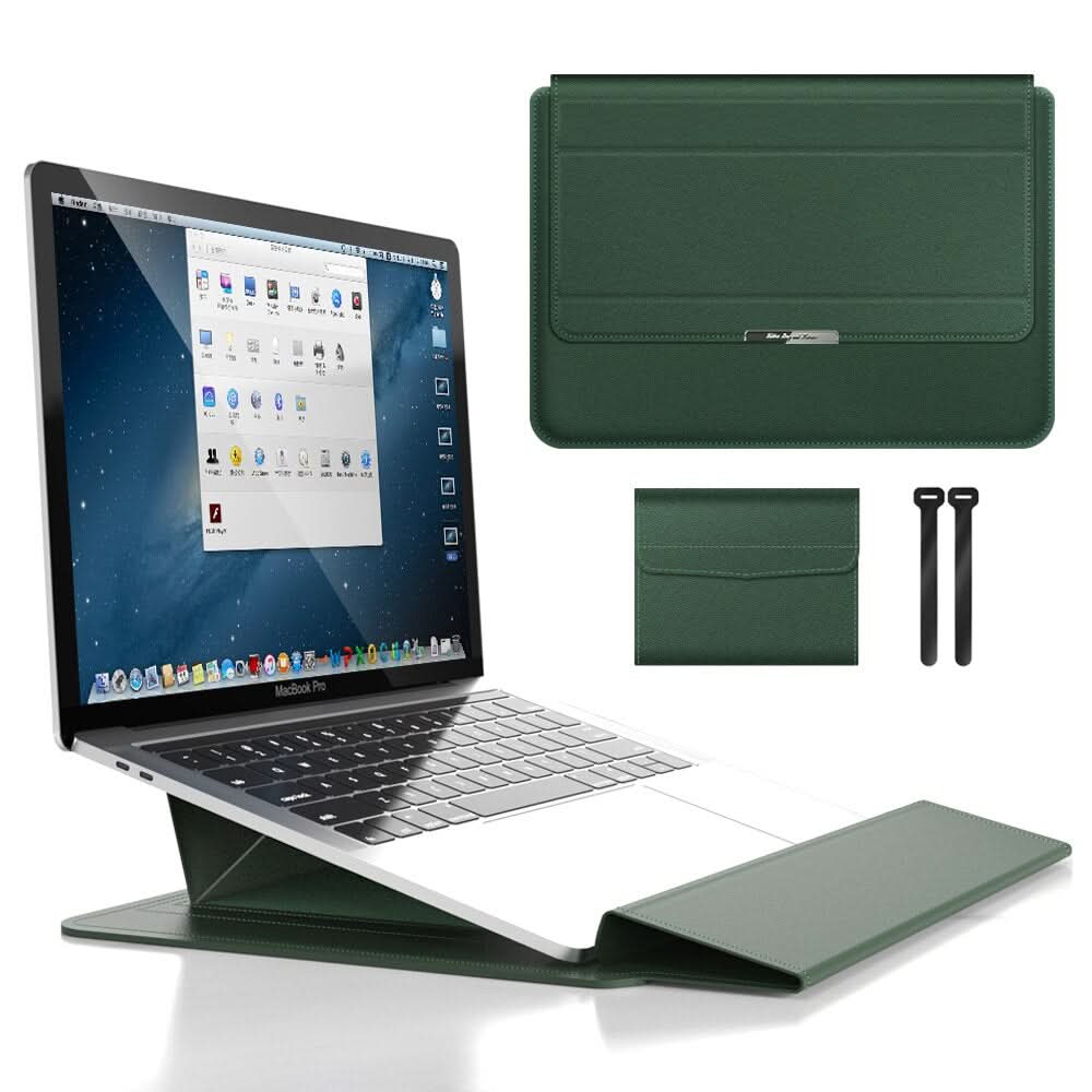 Protect your laptop with this shockproof sleeve. Features an ergonomic, integrated stand.