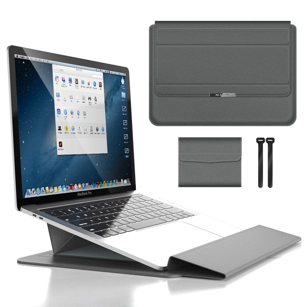 All-around protective laptop sleeve with built-in stand. Waterproof, shockproof, & portable.
