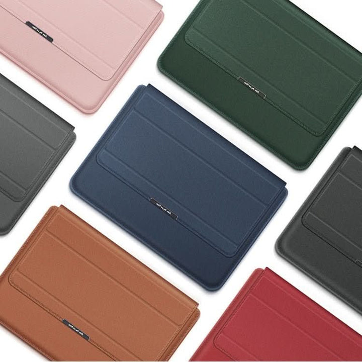 Waterproof, shockproof laptop sleeve with built-in stand. All-around protection for your device.