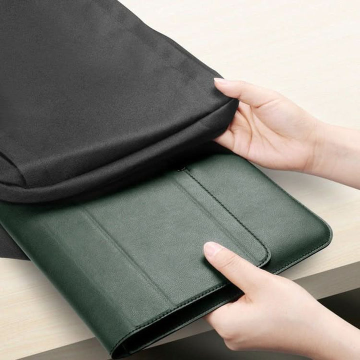 Portable laptop sleeve & stand combo. Slim design, perfect travel gear for tech accessories.