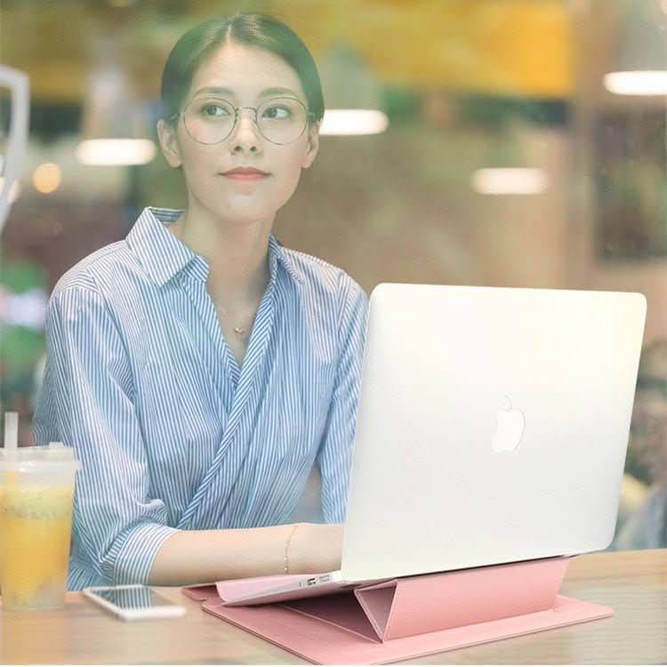 Ergonomic laptop sleeve with integrated stand. Comfortable viewing & typing, device protection.