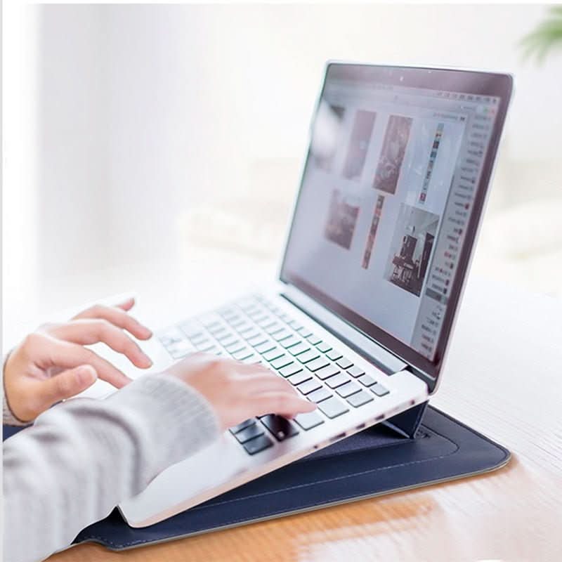 Multifunctional laptop sleeve acts as a stand & protective case. Slim, waterproof, shockproof.